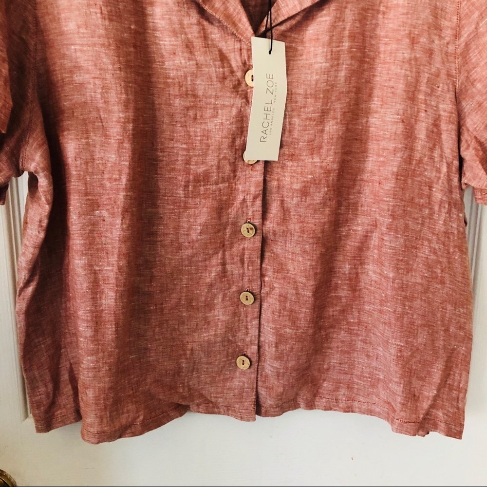 NWT RACHEL ZOE pink 100% linen button up half cropped blouse size large - Picture 5 of 9